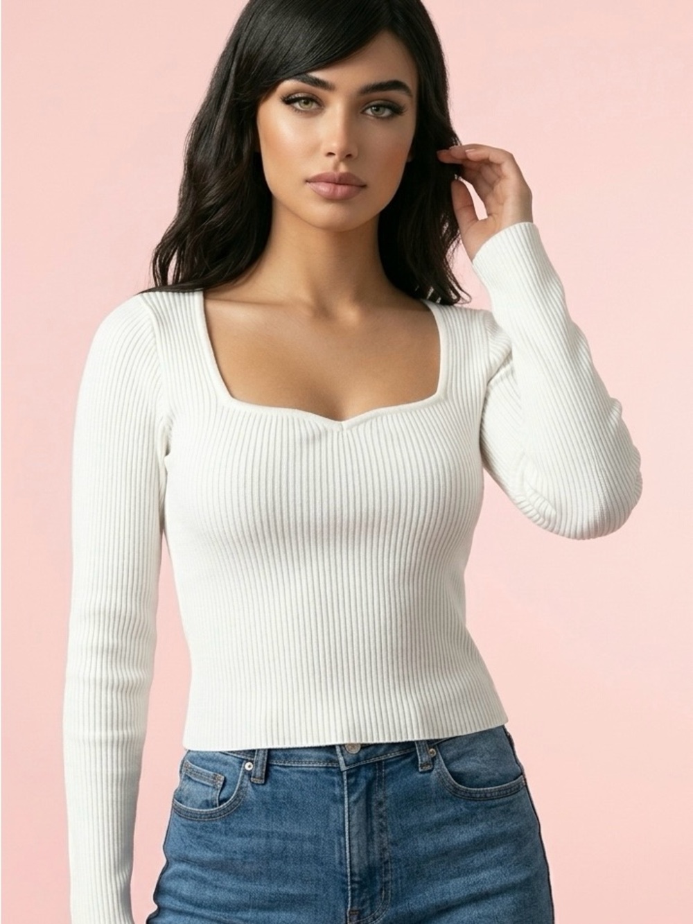 Sincerely Jules White Ribbed Knit Sweetheart Neckline Long Sleeve Y2K Top-M